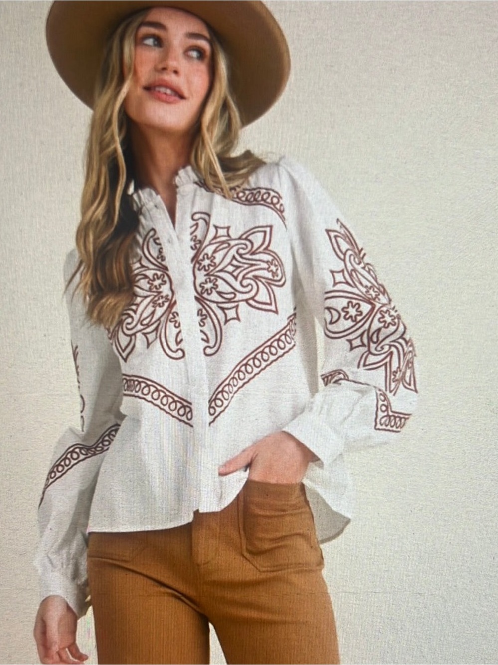 White Cotton Southwest Embroidered Mock Neck Top- Ivory Medium NWT